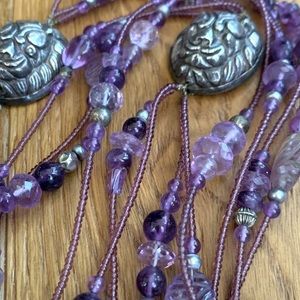 Vintage Lavender Glass Bead Necklace With Silver Pendants